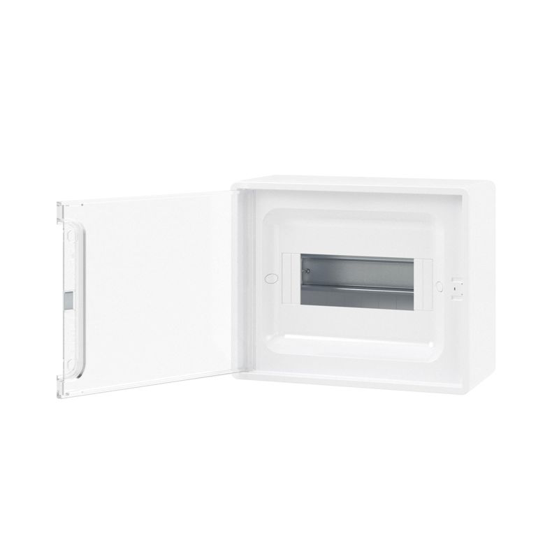 Щиток настенный Фрейм (FRAME) ЩРн-п-8 8мод. с прозр. дверцей с 2 шинами PEN на 6 и 8 отверст. бел. DKC F08W1WT в интернет-магазине Рэмкабель