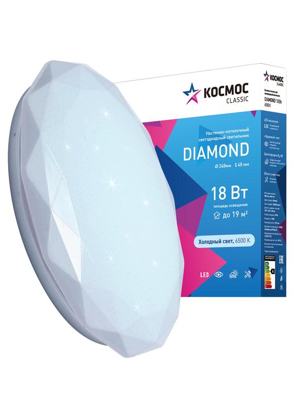Светильник светодиодный Classic DIAMOND 18Вт 230В 6500К 1170лм 248х48мм настенно-потолочный КОСМОС KCDiam18W_6500 в интернет-магазине Рэмкабель